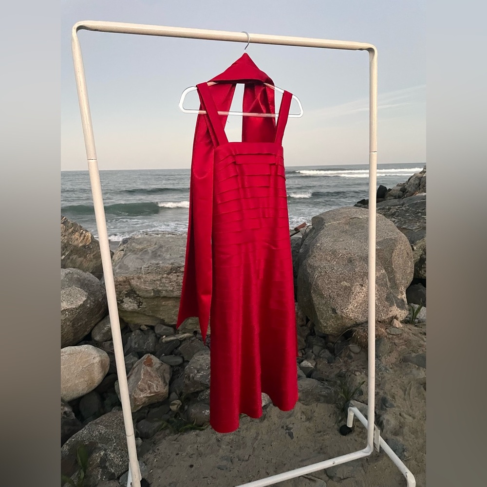 90s red tiered strapless cocktail dress with shawl cape